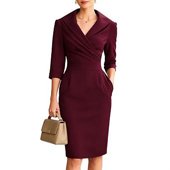 Women Elegant V-Neck Half Length Sleeve Business Casual Knee Length Wrap Dress with Pockets
