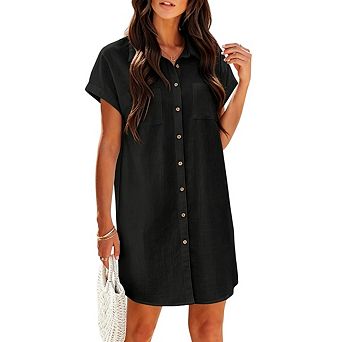 Womens Casual Short Sleeve Button Down Beach Shirt Dress with Pockets