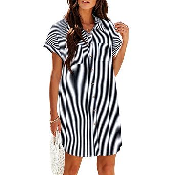 Womens Casual Short Sleeve Button Down Beach Shirt Dress with Pockets