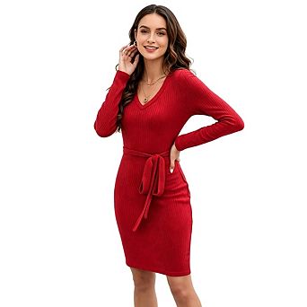 Women Deep V Neck Tie Waist Long Sleeve Causal Solid Knit Bodycon Midi Dress