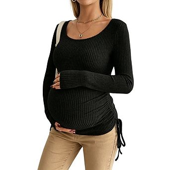 Women Maternity Fitted Style Long-Sleeve U-Neck Adjustable Side-Drawstring Ribbed Top