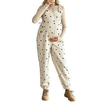 Women Maternity Adjustable Waist Corduroy Cuffed Hems Loose Fit Jumpsuit