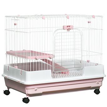 PawHut 2-Level Small Animal Cage Rabbit Hutch with Wheels, Removable Tray, Platform