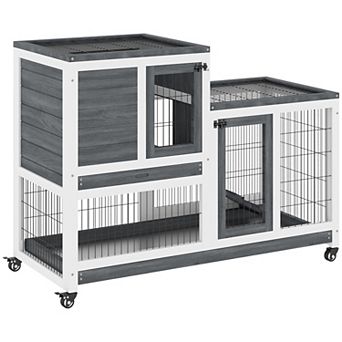 PawHut Wooden Rabbit Hutch Elevated Bunny Cage Indoor Small Animal Habitat with Enclosed Run