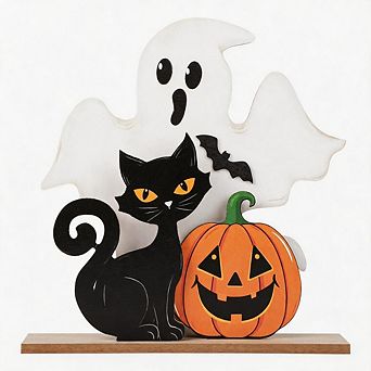 Wooden Halloween Table Sign Black Cat Ghost Pumpkin Farmhouse Decor