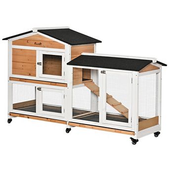 PawHut 62" Rabbit Hutch, Wooden Bunny Hutch, Guinea Pig Cage, Small Animal Enclosure with Wheels