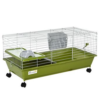 PawHut 35"L Small Animal Cage, Rolling Bunny Cage, Guinea Pig Cage with Food Dish, Water Bottle