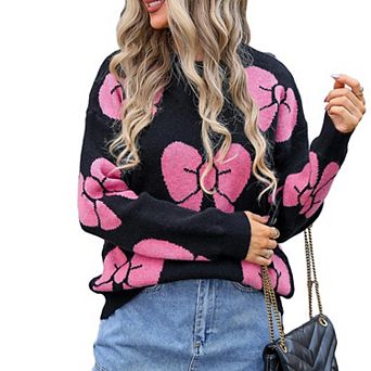 Sweaters for Women Fashion Trendy Long Sleeve Crewneck Pullover Bow Pattern Knit Sweater Tops