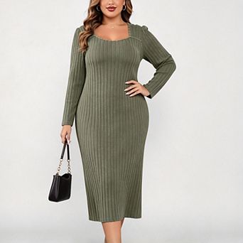 ShopWonder Women's Plus Size Long Sleeve Rib Sweetheart Neckline Maxi Sweater Dress