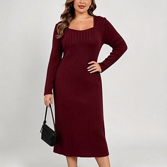 ShopWonder Women's Plus Size Long Sleeve Rib Sweetheart Neckline Maxi Sweater Dress