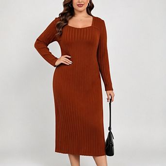 ShopWonder Women's Plus Size Long Sleeve Rib Sweetheart Neckline Maxi Sweater Dress