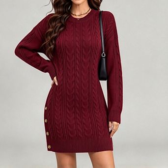 ShopWonder Women Casual Loose Long Sleeve Crew Neck Twisted Knit Mini Sweater Dress