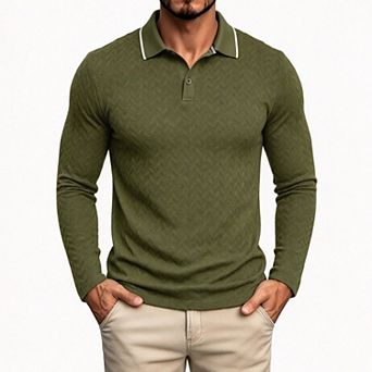 Men Long Sleeve Textured Jacquard Polo Shirt Classic Collar Button Casual Fall Shirt Golf Daily Wear