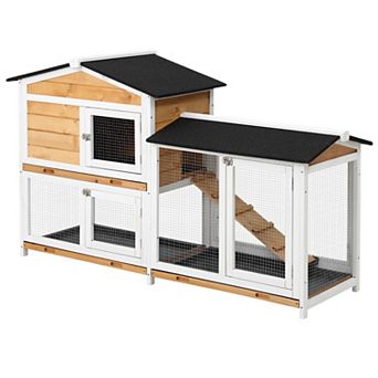 PawHut 2-Story Rabbit Hutch Wooden Bunny Hutch Cage Small Animal House with Ramp, No Leak Tray