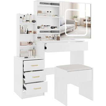 Modern Vanity Desk with Sliding LED Mirror Power Outlet Storage Shelves and Cushioned Stool