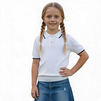 Girls Lace Trim Polo Short Sleeve Knit Shirt Button Down Collared Casual Kids Tee Top