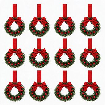12-Pack Burgundy Velvet & PVC Mini Christmas Kitchen Cabinet Wreaths with Berry & Bow