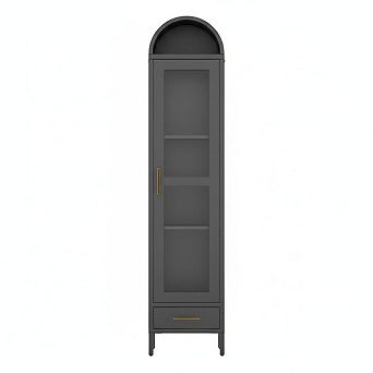63 Inch Black Metal Display Cabinet Arched Fluted Glass Door Drawers Adjustable Shelves