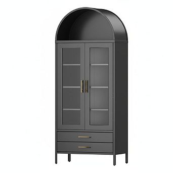55.51 Inch Black Metal Display Cabinet Arched Fluted Glass Door Drawers Adjustable Shelves