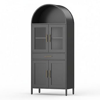 73 Inch Black Arched Metal Storage Cabinet Glass Door Drawer Adjustable Shelves