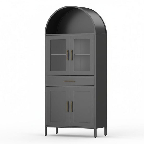 73 Inch Black Arched Metal Storage Cabinet Glass Door Drawer Adjustable Shelves