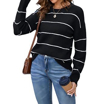 Striped Knitted Sweater for Women Loose Pullover Crew Neck Long Sleeve Casual Soft Jumper Tops