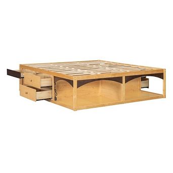 King Bed Frame with Storage Drawers, No Headboard Platform Bed with Light, Pet-Friendly Design