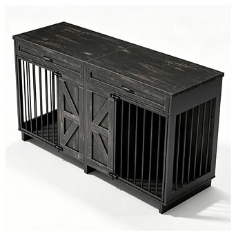 Dog Crate Furniture TV Stand, 2-in-1 Wooden Dog Kennel with Storage Drawers
