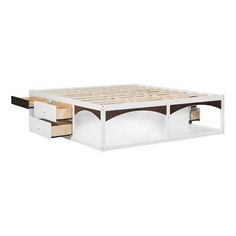 King Bed Frame with Storage Drawers, No Headboard Platform Bed with Light, Pet-Friendly Design