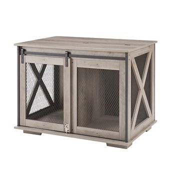 Farmhouse Dog Cage Crate Furniture with Sliding Barn Door, Farmhouse Wooden Dog Kennel