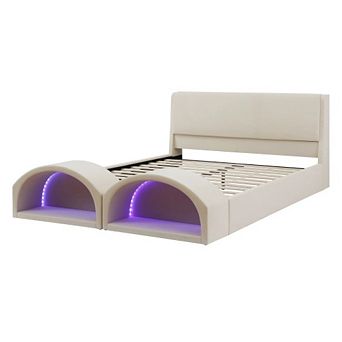 Queen Size Upholstered Platform Bed Frame with Dual Cat Caves, LED Lighted Pet Nests