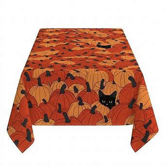 52 x 70-Inch Fall Tablecloth, Rectangular Black Cat & Pumpkin Halloween Table Cover