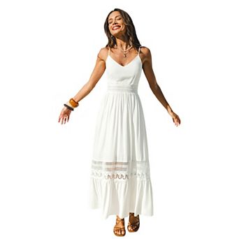 Women's Cupshe V-Neck Spaghetti Strap Smocked Waist Lace Trim Tiered Maxi Dress