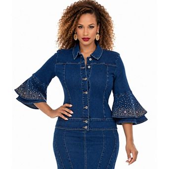 Donna Vinci Jeans Rhinestone Bell Sleeve Denim Jacket