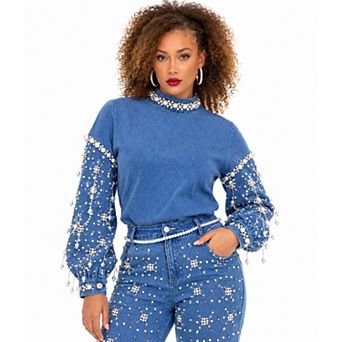 Donna Vinci Jeans Pearl Embellished Denim Blouse