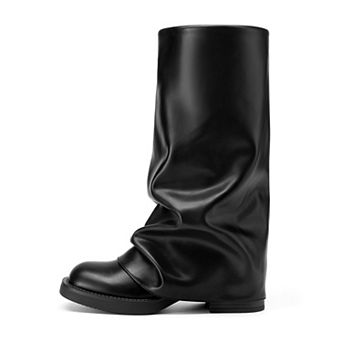 Womens Fold Over High Boots Pull On Square Slouchy
