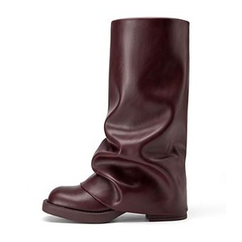Womens Fold Over High Boots Pull On Square Slouchy