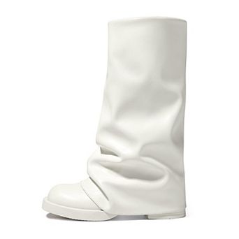 Womens Fold Over High Boots Pull On Square Slouchy