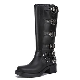 Womens High Riding Boots Buckle Biker Chunky