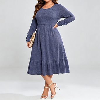 Women Plus Size Ribbed Knit Sweater Dress Long Sleeve Stretchy Comfy Casual Fall Dress with Pockets