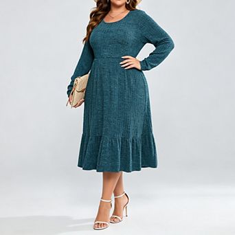 Women Plus Size Ribbed Knit Sweater Dress Long Sleeve Stretchy Comfy Casual Fall Dress with Pockets