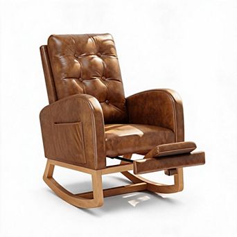 Glider Rocking Chair with High Back, Soft Fleece Upholstery, Side Pocket & Wood Legs