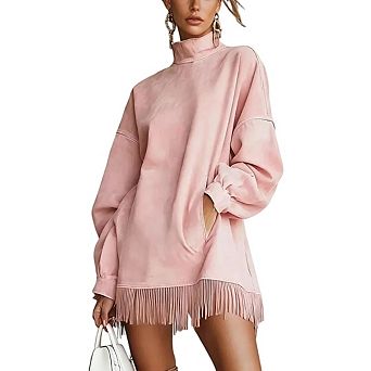Women's Turtleneck Fringe Hem Loose Long Sleeve Casual Mini Dress