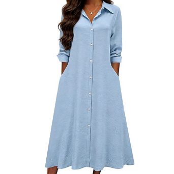 Women's Casual Long Sleeve Button Down Trendy Loose Lapel Collar Maxi Shirt Dress with Pockets