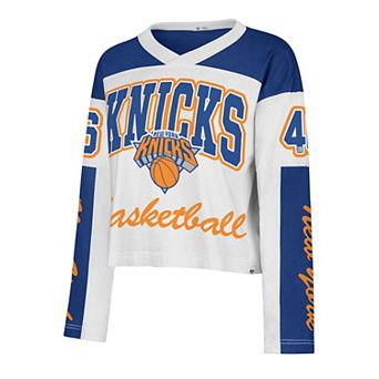 Women's '47 White New York Knicks Cropped Exclamation Metro Jersey Long Sleeve T-Shirt
