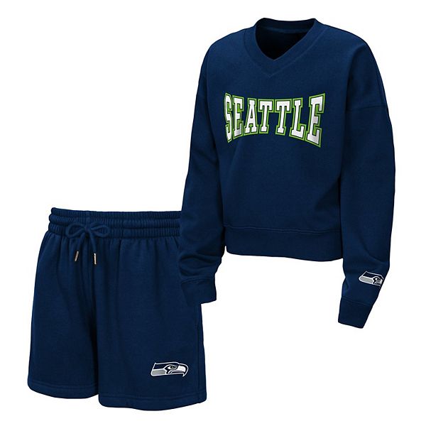 Girls Youth WEAR by Erin Andrews College Navy Seattle Seahawks Red Zone Fleece V-Neck Sweatshirt and Shorts Set