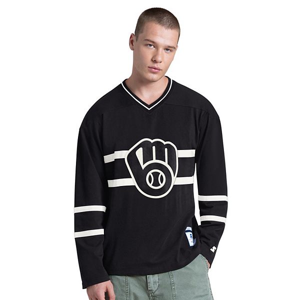 Men's Starter Black Milwaukee Brewers Line Up Long Sleeve V-Neck T-Shirt