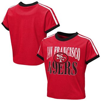Girls Youth WEAR by Erin Andrews Scarlet San Francisco 49ers Cropped Hail Mary Ringer Baby T-Shirt
