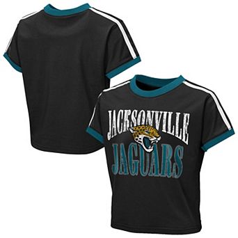 Girls Youth WEAR by Erin Andrews Black Jacksonville Jaguars Cropped Hail Mary Ringer Baby T-Shirt
