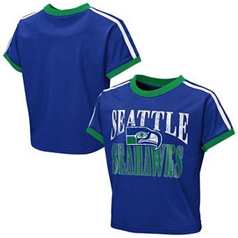 Girls Youth WEAR by Erin Andrews Royal Seattle Seahawks Cropped Hail Mary Ringer Baby T-Shirt